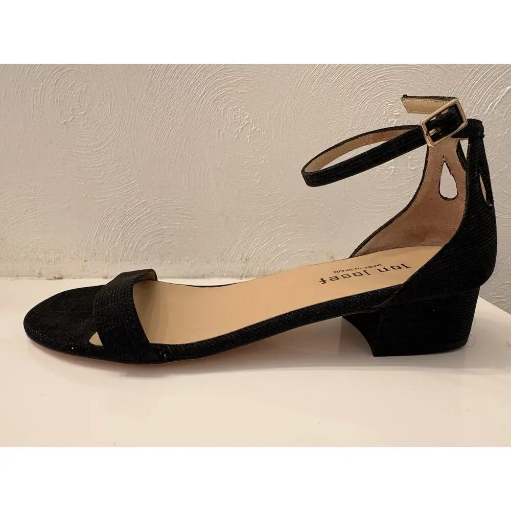 Jon Josef Sandals Textured Black Sparkle Finish Block Heel Size 8 Made In Spain